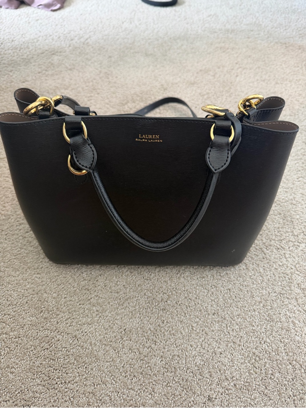 Lauren Ralph Lauren Black Saffiano Leather Double-Handle Tote with Gold Hardware